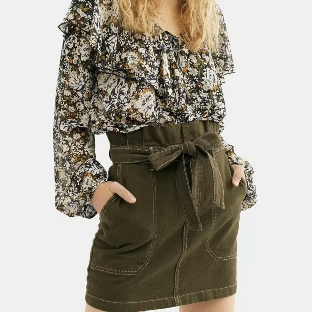 Free People Splendor In The Grass Tie Waist Skirt Army Green Sz 8